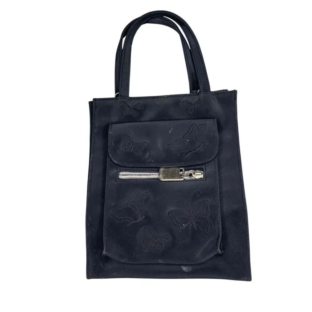 Butterfly Embroidered Mini Tote Handbag Y2K Goth Grunge Shoulder Purse Black PVC